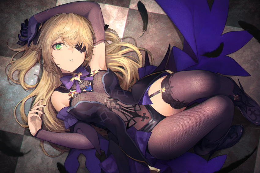 1girl absurdres bangs bare_shoulders black_gloves black_legwear blonde_hair blush bodystocking bow breasts checkered checkered_floor elbow_gloves eyepatch feathers fischl_(genshin_impact) garter_straps genshin_impact gloves green_eyes hair_over_one_eye highres huge_filesize long_hair looking_at_viewer lying medium_breasts on_back parted_lips purple_bow purple_neckwear shirataki_jiro single_leg_pantyhose single_thighhigh solo thighhighs thighs two_side_up