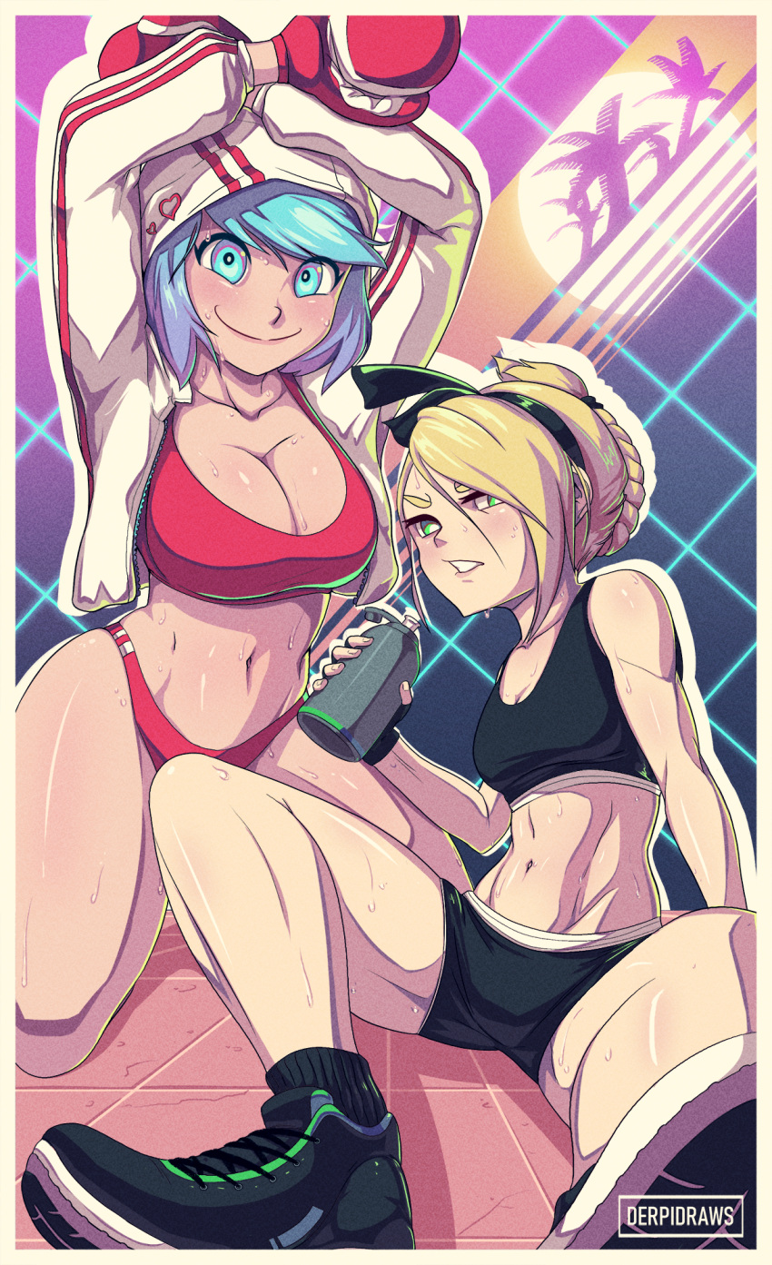 2girls bangs black_sports_bra blonde_hair blue_eyes blue_hair bottle boxing_gloves breasts cleavage derpixon drink frown green_eyes gym hairband heart highres holding holding_drink jacket large_breasts looking_at_viewer midriff multicolored multicolored_background multiple_girls muscular muscular_female navel neon_lights original palm_tree pixen_(derpixon) red_sports_bra shoes sitting small_breasts smile sport sports_bra sportswear striped_jacket sweat teeth tied_hair tile_floor tiles tree water_bottle white_jacket ydelle_(derpixon)