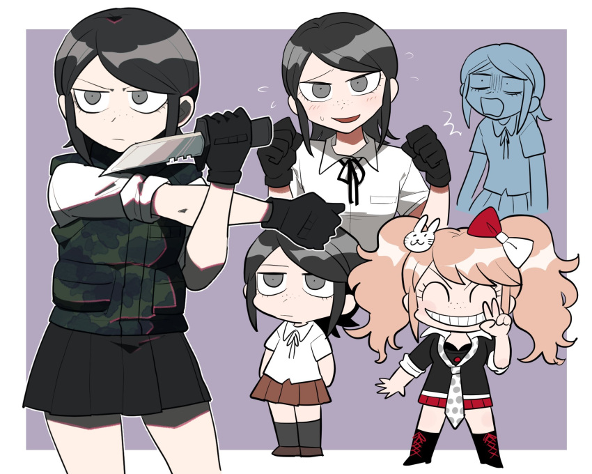 1girl :o bangs black_footwear black_gloves black_hair black_legwear black_ribbon black_shirt blonde_hair blush boots border breast_pocket brown_skirt bulletproof_vest camouflage cosplay cowboy_shot danganronpa:_trigger_happy_havoc danganronpa_(series) enoshima_junko enoshima_junko_(cosplay) flying_sweatdrops frown full_body furukawa_(yomawari) gloves grin hand_up hands_up highres holding holding_knife ikusaba_mukuro knee_boots kneehighs knife medium_hair miniskirt multiple_views neck_ribbon necktie open_mouth pale_skin pleated_skirt pocket polka_dot_neckwear purple_background red_skirt ribbon shiny shiny_hair shirt short_hair simple_background skirt smile teeth twintails v vest white_border white_shirt