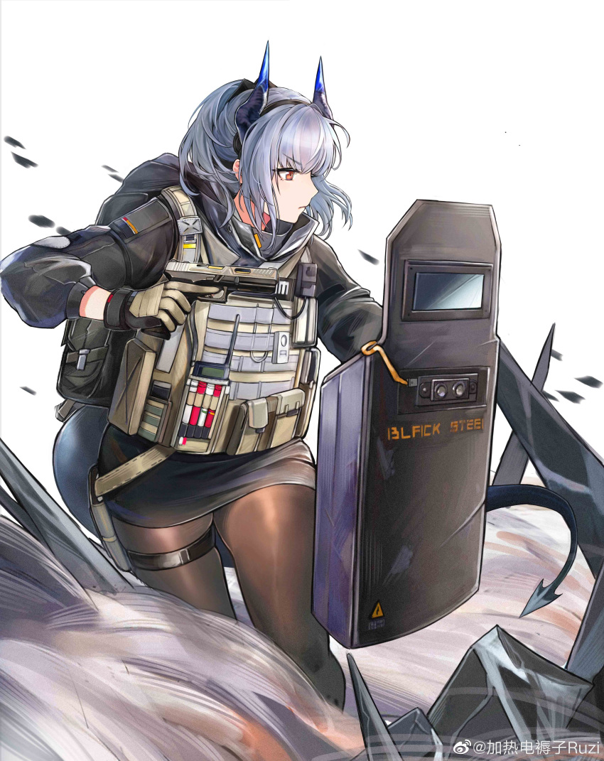 1girl absurdres arknights backpack bag black_legwear blue_hair chinese_commentary commentary_request dragon_girl dragon_horns dragon_tail gloves gun handgun highres holding holding_gun holding_shield holding_weapon horns jia_redian_ruzi_ruzi liskarm_(arknights) liskarm_(overload)_(arknights) looking_afar looking_to_the_side miniskirt official_alternate_costume orange_eyes pantyhose pistol ponytail riot_shield shield silver_hair skirt smoke solo spiked_tail standing tactical_clothes tail weapon weibo_username white_background