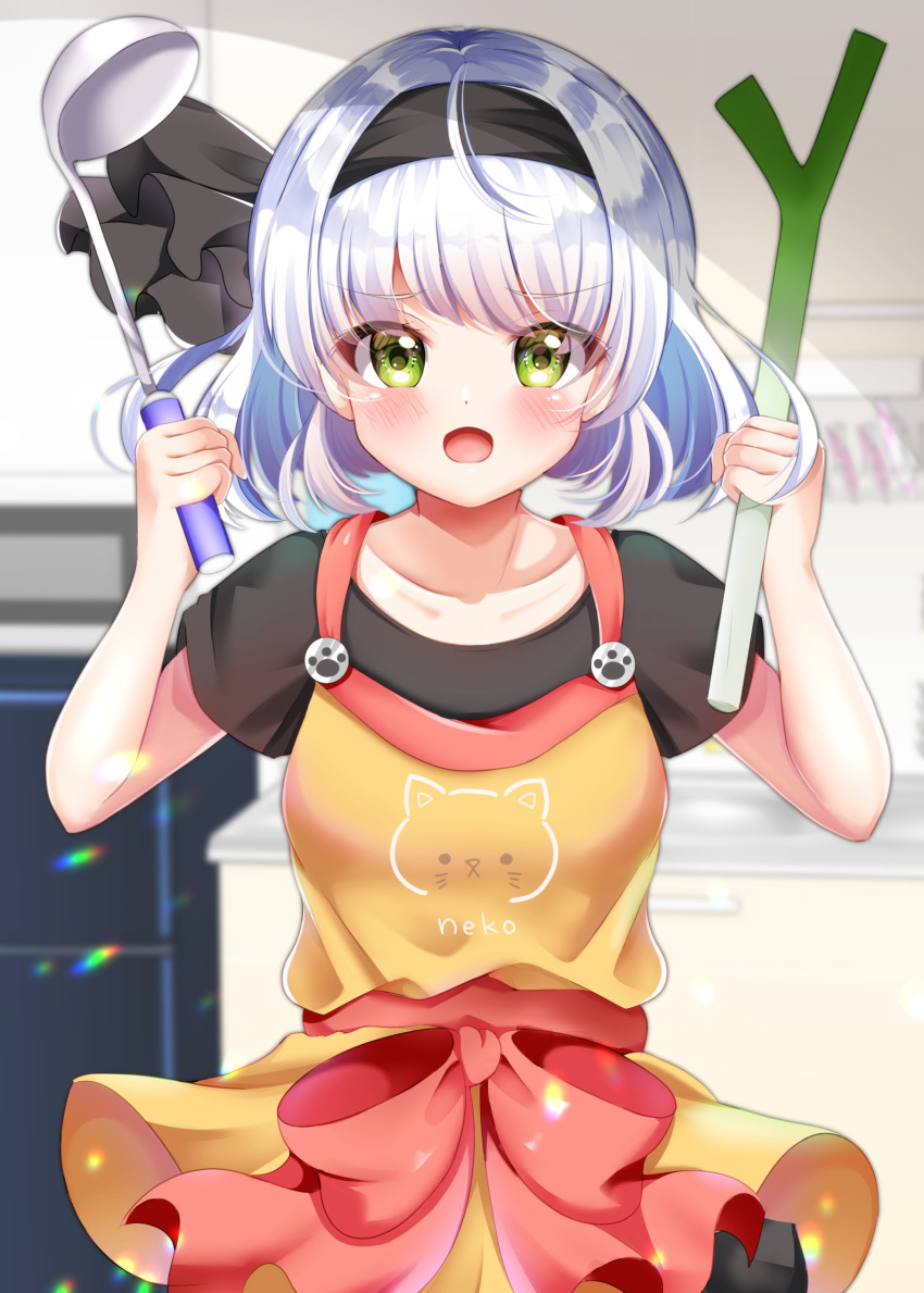 1girl :d absurdres apron bangs black_hairband black_shirt cat celery commentary_request eyebrows_visible_through_hair food green_eyes hairband highres konpaku_youmu ladle looking_at_viewer norimosa1216 open_mouth red_ribbon ribbon shirt short_hair smile solo touhou vegetable white_hair yellow_apron