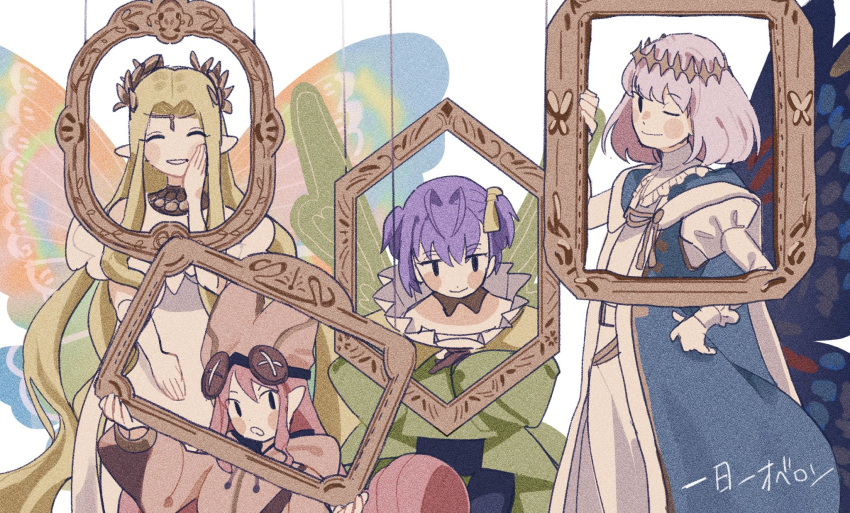 1boy 3girls antenna_hair aurora_(fate) blonde_hair butterfly_wings cape closed_eyes dress fairy fate/grand_order fate_(series) habetrot_(fate) hat highres kazuradrop_(fate) multiple_girls oberon_(fate) one_eye_closed picture_frame pink_hair pointy_ears purple_hair silver_hair smile sost_fgo white_background wings