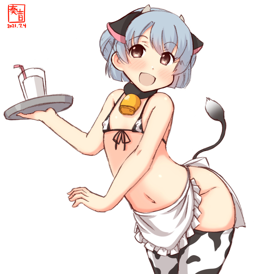 1girl alternate_costume animal_ears animal_print apron artist_logo bell bikini bikini_top blue_hair bottomless commentary_request covered_nipples cow_ears cow_horns cow_print cow_tail cowbell cowboy_shot dated double_bun fake_animal_ears fake_horns frilled_apron frills highres horns kanon_(kurogane_knights) kantai_collection micro_bikini one-hour_drawing_challenge samuel_b._roberts_(kancolle) short_hair simple_background solo swimsuit tail thighhighs waist_apron white_apron white_background white_bikini white_legwear yellow_eyes