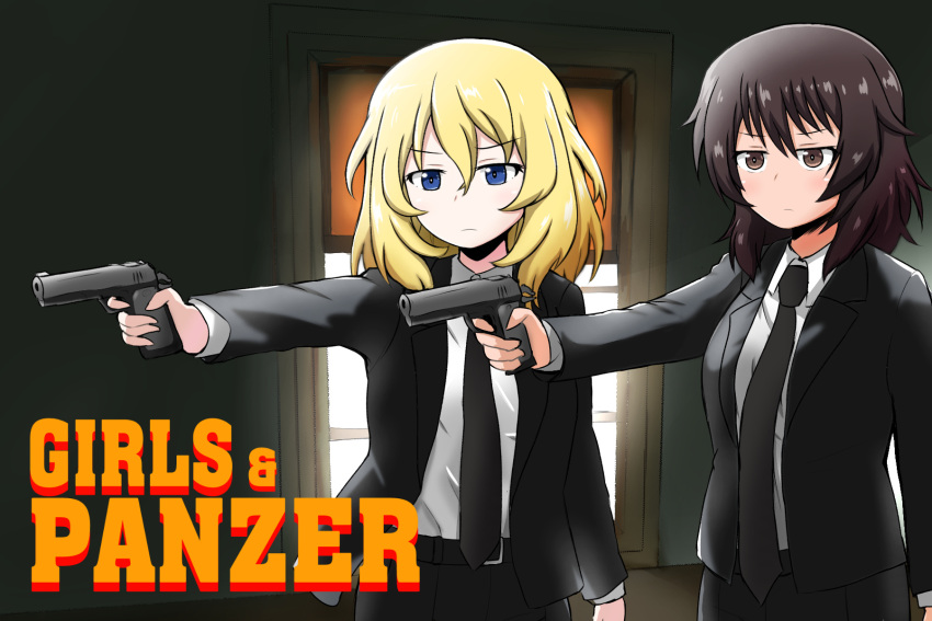 andou_(girls_und_panzer) armorganger bangs black_hair blonde_hair blue_eyes crossover formal girls_und_panzer gun handgun highres multiple_girls necktie oshida_(girls_und_panzer) pistol pulp_fiction short_hair suit weapon