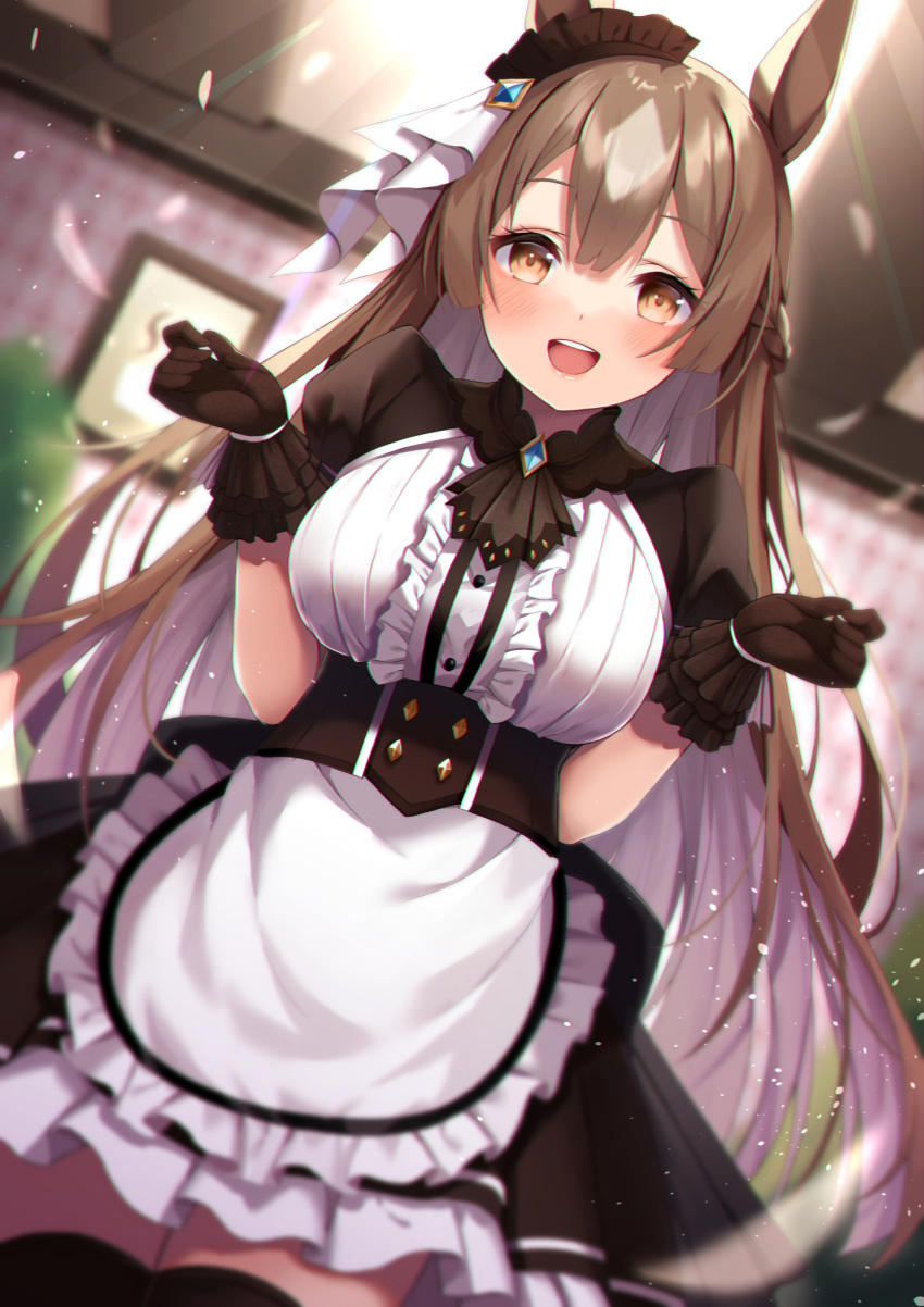 1girl :d amahara_pekozaemon animal_ears apron bangs black_dress black_gloves black_legwear blurry blurry_background blush breasts brown_eyes brown_hair center_frills commentary_request depth_of_field dress dutch_angle eyebrows_visible_through_hair frilled_apron frills gloves hair_between_eyes hands_up highres horse_ears indoors long_hair looking_at_viewer medium_breasts open_mouth puffy_short_sleeves puffy_sleeves satono_diamond shirt short_sleeves smile solo thighhighs umamusume very_long_hair waist_apron white_apron white_shirt