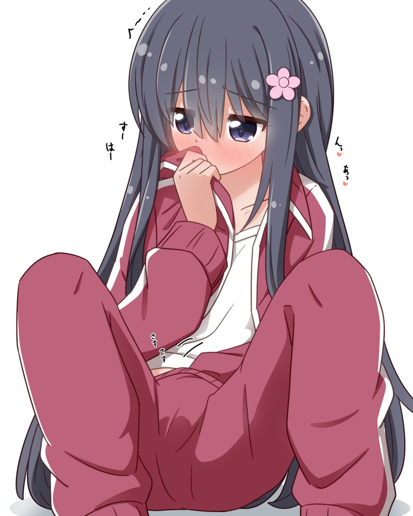 1girl black_hair blue_eyes blush clothed_masturbation flower hair_between_eyes hair_flower hair_ornament hand_in_pants highres jacket long_hair masturbation miruzawa_akechi shirosaki_hana sitting smelling smelling_clothes solo track_jacket watashi_ni_tenshi_ga_maiorita! white_background