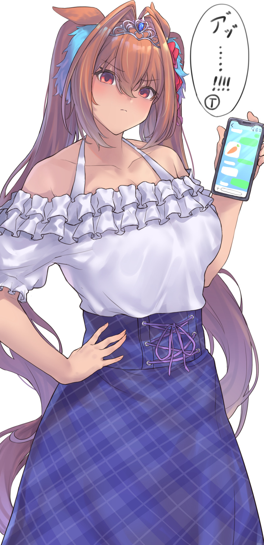 1girl absurdres animal_ears bangs bare_shoulders blue_skirt blush breasts brown_hair cellphone cleavage collarbone daiwa_scarlet_(umamusume) frills hair_intakes hand_on_hip highres horse_ears horse_girl kougetu009 large_breasts long_hair looking_at_viewer phone plaid plaid_skirt red_eyes shirt simple_background skirt solo tiara translation_request twintails umamusume very_long_hair white_background white_shirt