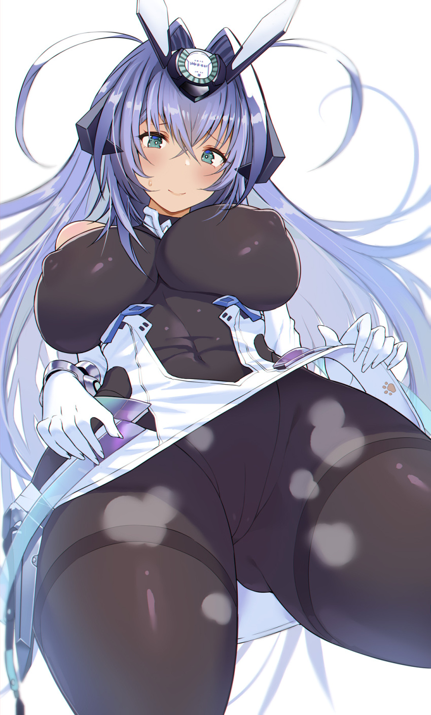 1girl ariso_kaoru azur_lane bare_shoulders blue_hair bodystocking breasts cameltoe covered_navel covered_nipples cowboy_shot eagle_union_(emblem) elbow_gloves gloves green_eyes headgear highres large_breasts long_hair looking_at_viewer new_jersey_(azur_lane) paw_print skin_tight smile solo