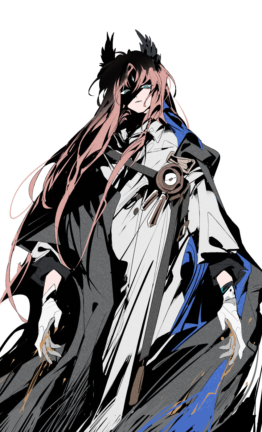 1boy absurdres arknights black_cloak blue_eyes bright_pupils chinese_commentary cloak coat commentary_request feather_hair feet_out_of_frame forehead_jewel gloves highres ling_s long_hair looking_at_viewer male_focus parted_lips passenger_(arknights) pink_hair red_pupils shaded_face simple_background solo white_background white_coat white_gloves white_pupils