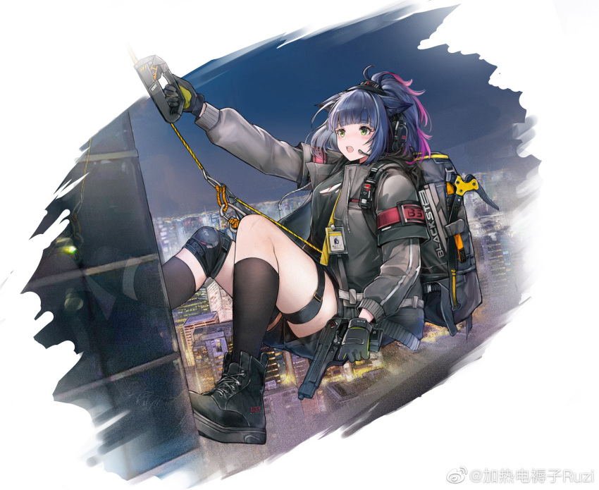 1girl animal_ears arknights backpack bag bangs black_footwear black_gloves black_jacket black_legwear black_shirt blue_hair blush building cat_ears chinese_commentary cityscape commentary_request eyebrows_visible_through_hair fingerless_gloves gloves green_eyes gun handgun highres holding holding_gun holding_weapon ice_axe id_card jacket jessica_(arknights) jessica_(ash)_(arknights) jia_redian_ruzi_ruzi long_sleeves multicolored_hair navel night open_clothes open_jacket open_mouth pistol ponytail purple_hair rappelling shirt shoes short_hair socks solo thigh_strap thighhighs torn_clothes torn_shirt weapon weibo_username