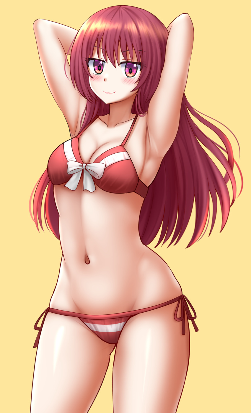 1girl armpits arms_up bangs bare_shoulders bikini blush bow breasts cleavage commentary cowboy_shot eyebrows_visible_through_hair groin highres kanojo_mo_kanojo kazenokaze long_hair looking_at_viewer navel purple_eyes red_bikini red_hair saki_saki_(kanojo_mo_kanojo) side-tie_bikini simple_background small_breasts smile solo standing stomach swimsuit thighs white_bow yellow_background