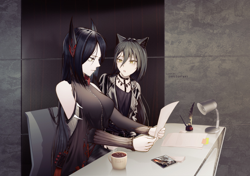 absurdres animal_ears arknights black_hair black_shirt cat_ears coffee demon_horns eaxlightway glasgow_girl highres horns huge_filesize ines_(arknights) ink long_hair mail photo_(object) shirt yellow_eyes