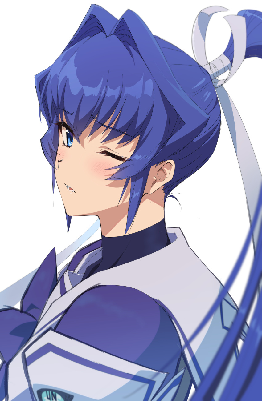 1girl bangs blue_eyes blue_hair blush bow eyebrows_visible_through_hair from_side highres ishii_takamori long_hair mitsurugi_meiya muvluv one_eye_closed open_mouth ponytail purple_bow school_uniform serafuku solo white_background