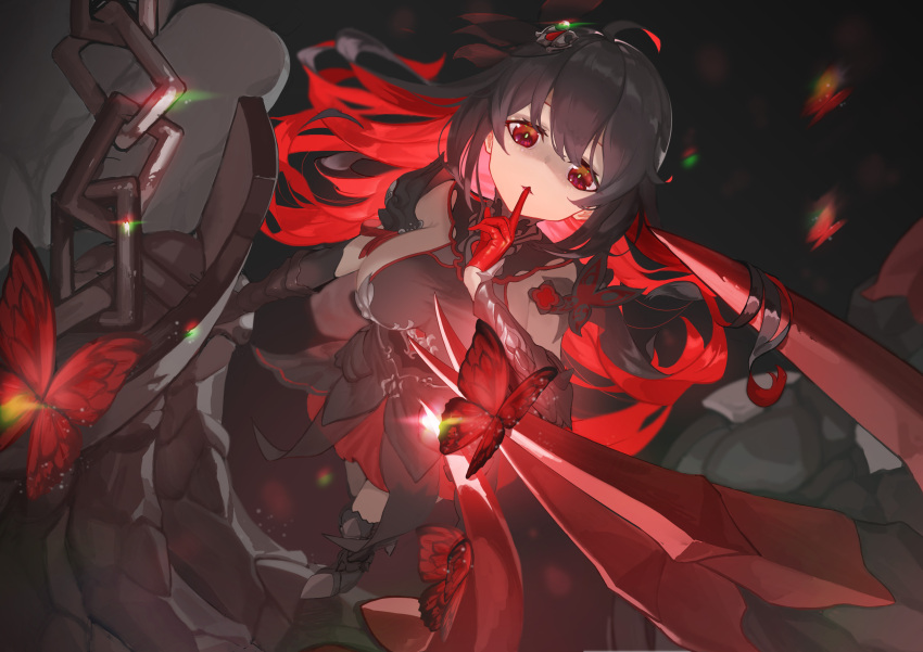 1girl absurdres antenna_hair bangs breasts bug butterfly chain closed_mouth disembodied_limb elbow_gloves gloves glowing hair_between_eyes hair_ornament highres honkai_(series) honkai_impact_3rd index_finger_raised insect johnny-chan long_hair looking_at_viewer red_butterfly red_eyes red_gloves red_hair seele_(alter_ego) seele_vollerei seele_vollerei_(starchasm_nyx) solo