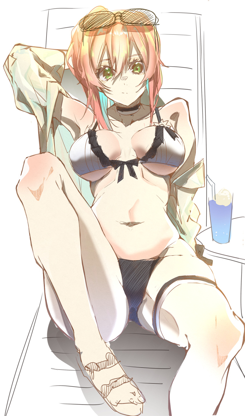 1girl bikini breasts closed_mouth collarbone e_sky_rugo eyebrows_visible_through_hair eyewear_on_head girls'_frontline green_eyes hand_on_back hand_on_head highres long_hair looking_at_viewer lying medium_breasts on_back orange_hair r93_(girls'_frontline) sandals simple_background solo swimsuit white_bikini white_swimsuit