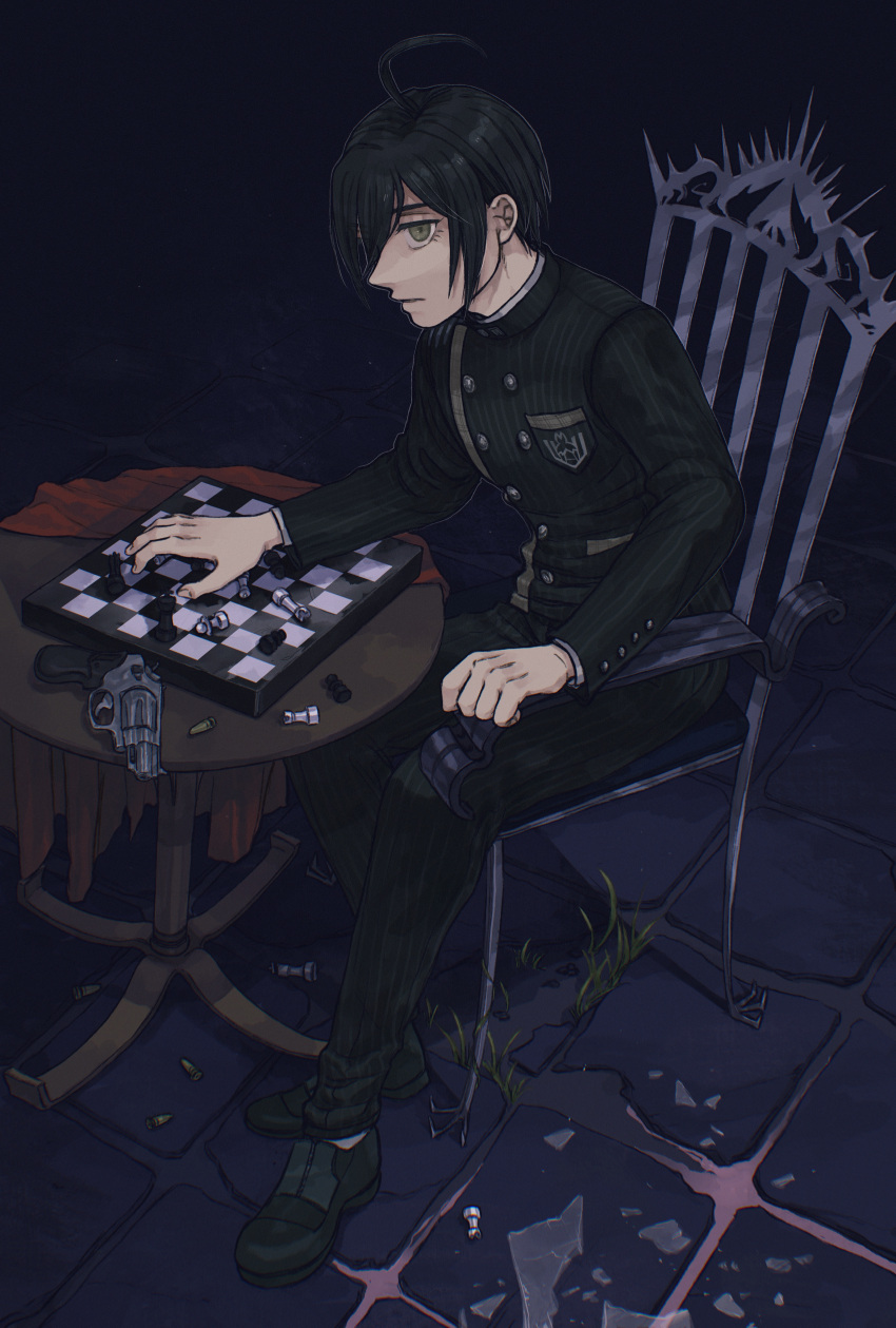 1boy absurdres ahoge bangs black_footwear black_hair black_jacket black_pants board_game breast_pocket brown_eyes brown_footwear buttons chair checkered chess chess_piece closed_mouth commentary_request danganronpa_(series) danganronpa_v3:_killing_harmony double-breasted gun handgun highres jacket kudo_(kddrv3) long_sleeves looking_at_viewer male_focus pants pistol pocket saihara_shuuichi shoes short_hair sitting solo striped_jacket table weapon