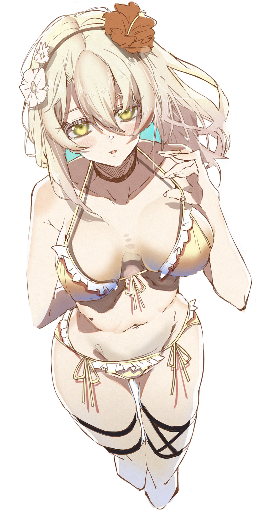 1girl absurdres bare_shoulders bikini blonde_hair blush breasts collarbone e_sky_rugo eyebrows_visible_through_hair flower from_above girls'_frontline hair_flower hair_ornament hairband hand_on_back hand_on_breast highres long_hair looking_at_viewer medium_breasts navel open_mouth ribbon solo standing swimsuit white_background x95_(girls'_frontline) yellow_bikini yellow_eyes