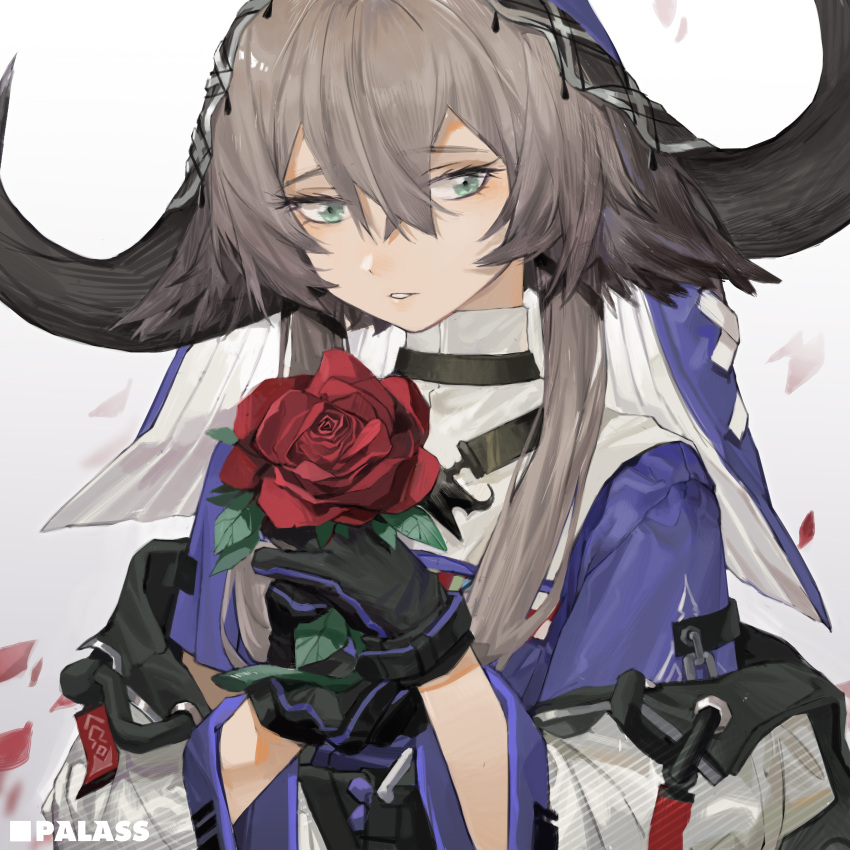 1girl absurdres arknights bangs black_gloves blue_headwear blue_shirt brown_hair character_name chinese_commentary commentary_request five-fall flower gloves green_eyes hair_between_eyes hands_up highres holding holding_flower horns jacket long_hair off_shoulder pallas_(arknights) parted_lips red_flower red_rose rose shirt simple_background solo teeth two-sided_fabric two-sided_headwear upper_body white_background white_headwear white_jacket