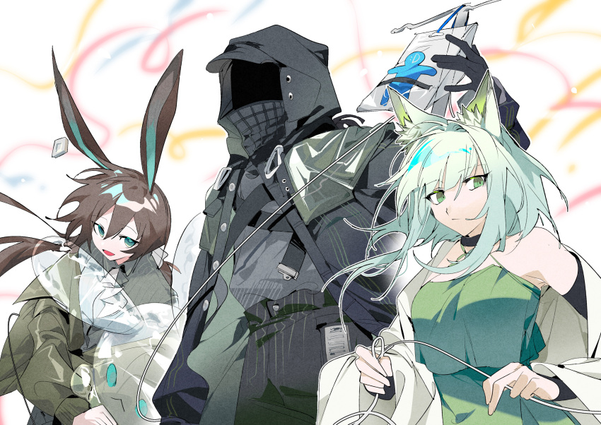 1other 2girls ambiguous_gender amiya_(arknights) animal_ear_fluff animal_ears aqua_eyes arknights bangs black_choker black_gloves black_jacket black_pants blood blood_bag blurry blurry_background brown_hair bunny_ears chest_strap chinese_commentary choker closed_mouth collared_shirt commentary_request doctor_(arknights) dress eyebrows_visible_through_hair gloves green_dress green_eyes green_hair green_jacket green_shirt grey_shirt hair_between_eyes hidden_face highres hood hood_up inflatable_rabbit inflatable_toy jacket kal'tsit_(arknights) ling_s long_hair long_sleeves looking_at_viewer lynx_ears multiple_girls official_alternate_costume open_clothes open_jacket open_mouth pants shirt sleeveless sleeveless_dress smile streamers white_background white_jacket