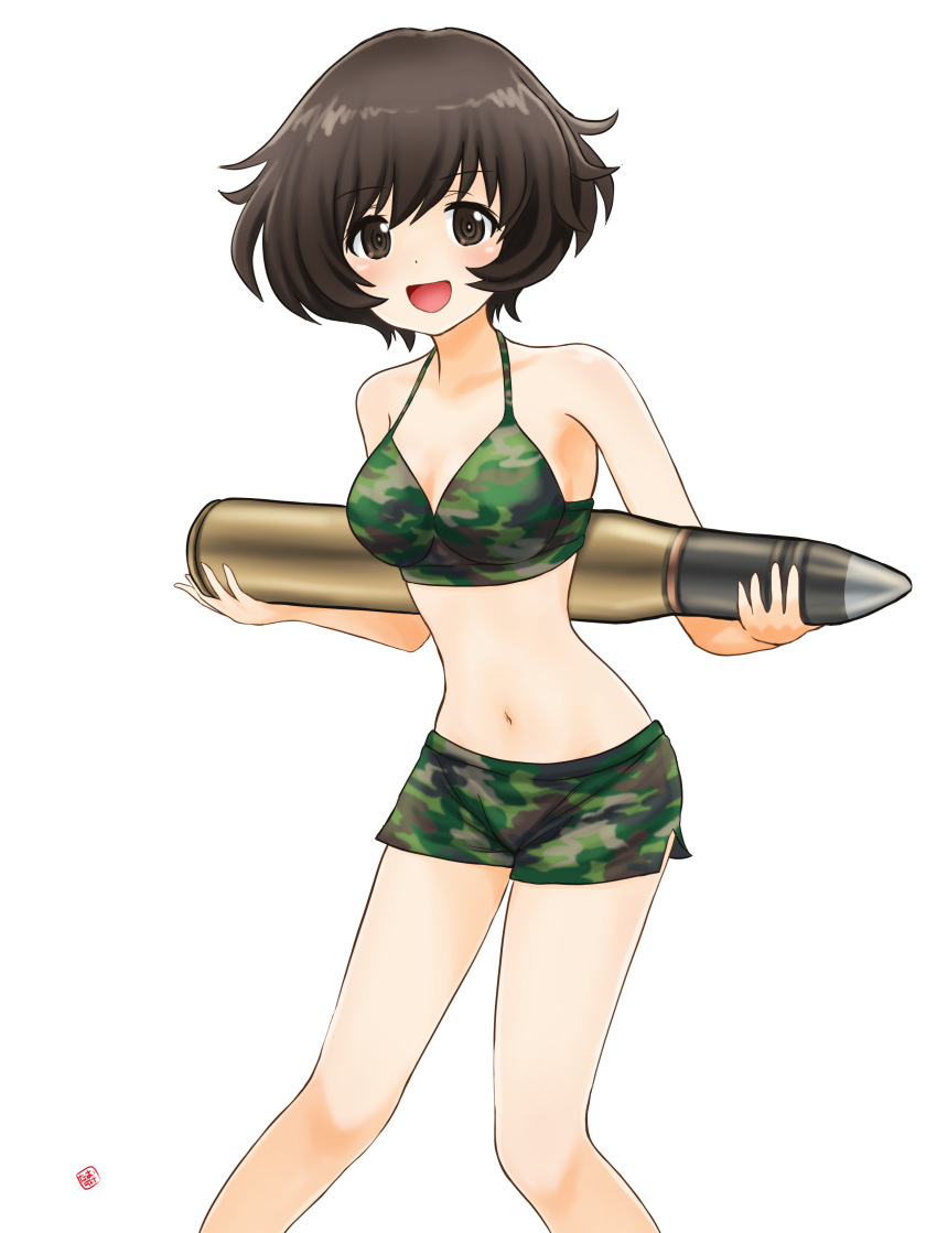 1girl absurdres akiyama_yukari artist_name bangs bikini bikini_shorts brown_eyes brown_hair camouflage camouflage_bikini commentary eyebrows_visible_through_hair girls_und_panzer green_bikini highres holding looking_at_viewer medium_hair messy_hair nao_suke navel object_behind_back open_mouth school_uniform short_hair shorts signature simple_background smile solo standing swimsuit tank_shell white_background