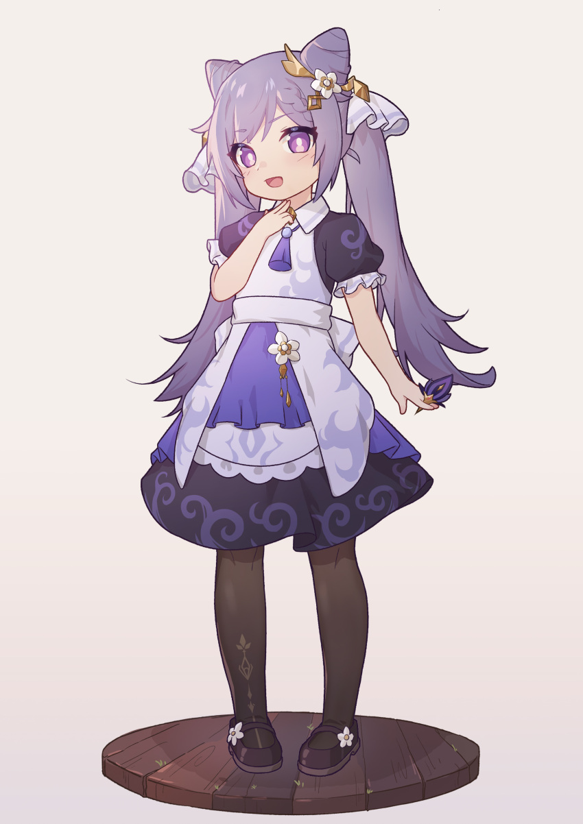 1girl :d absurdres alternate_costume apron bangs black_legwear commentary_request double_bun enmaided eyebrows_visible_through_hair eyes_visible_through_hair full_body genshin_impact grey_background hair_ornament highres keqing_(genshin_impact) long_hair looking_at_viewer maid maid_apron mary_janes necktie open_mouth purple_eyes purple_hair shoes sidelocks simple_background smile solo twintails weird_did_you_paint_today? younger
