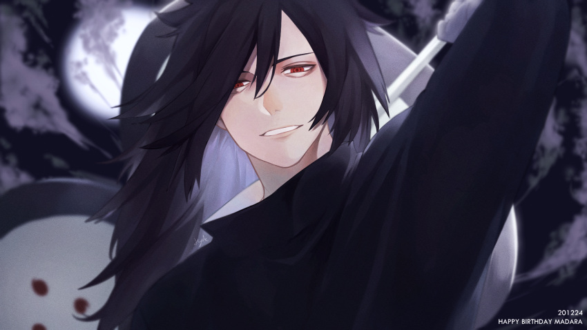 1boy black_hair gunbai highres holding holding_weapon hyuk0104 long_hair moon moonlight naruto naruto_(series) red_hair sharingan solo tomoe_(symbol) uchiha_madara war_fan weapon weapon_on_back