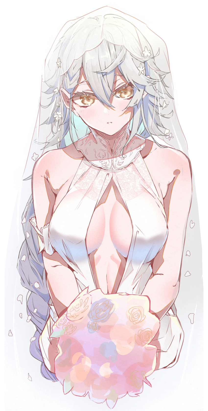 1girl bare_shoulders bouquet braid braided_ponytail breasts bridal_veil closed_mouth collarbone dress e_sky_rugo eyebrows_visible_through_hair flower gepard_m1_(girls'_frontline) girls'_frontline highres holding holding_bouquet holding_flower jewelry long_hair looking_at_viewer medium_breasts ring silver_hair solo veil wedding_band wedding_dress white_background white_dress yellow_eyes