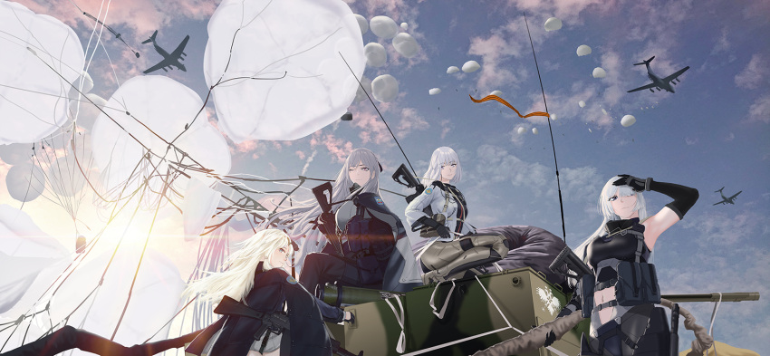 4girls ak-12_(girls'_frontline) ak-15_(girls'_frontline) an-94_(girls'_frontline) armored_vehicle cargo_aircraft defy_(girls'_frontline) girls'_frontline ground_vehicle highres military military_vehicle motor_vehicle multiple_girls parachute rpk-16_(girls'_frontline) shuten_(project_sky) sky tactical_clothes tank wind