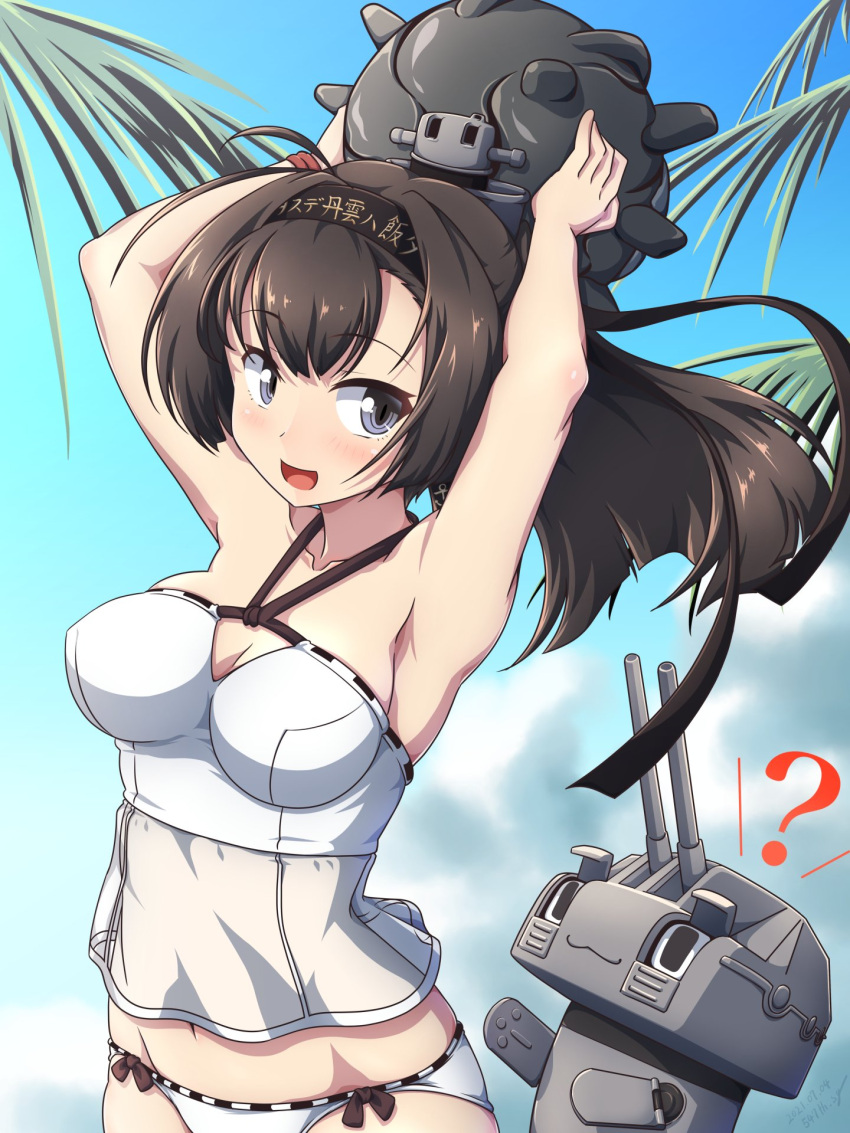 1girl 547th_sy ? abyssal_ship ahoge akizuki_(kancolle) arms_up bangs bikini black_hair blush breasts chou-10cm-hou-chan clothes_writing cloud day enemy_naval_mine_(kancolle) eyebrows_visible_through_hair hachimaki headband highres holding kantai_collection large_breasts long_hair open_mouth outdoors ponytail sky swimsuit white_bikini
