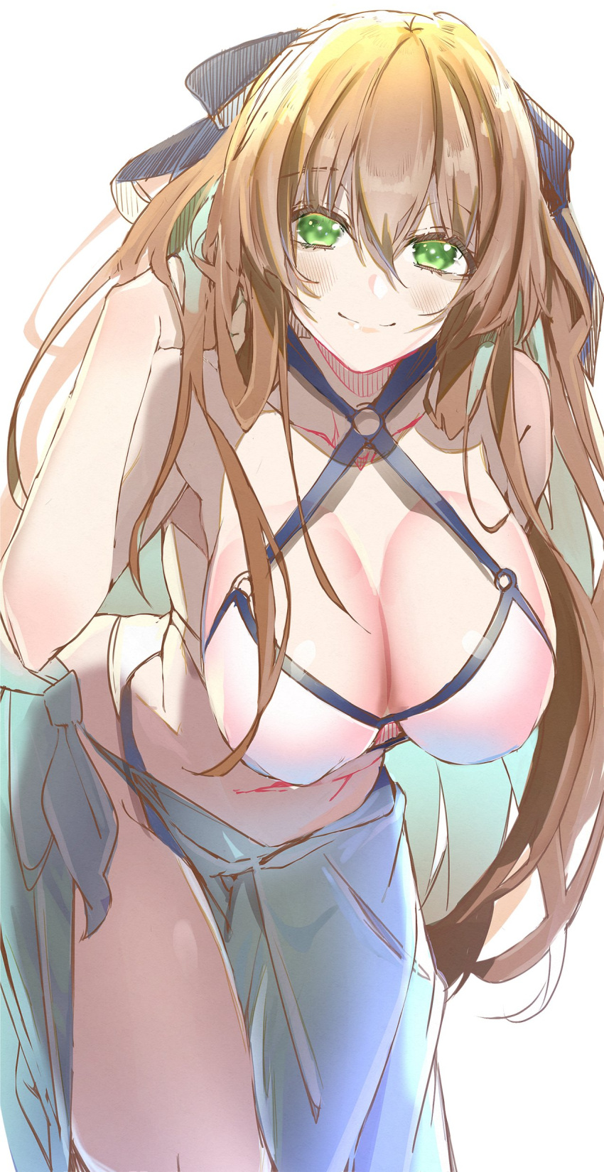 1girl absurdres bare_shoulders blue_ribbon breasts cleavage closed_mouth collarbone e_sky_rugo eyebrows_visible_through_hair girls'_frontline green_eyes hair_ribbon hand_in_hair hand_on_back highres large_breasts long_hair looking_at_viewer orange_hair ribbon smile solo springfield_(girls'_frontline) swimsuit white_background white_swimsuit