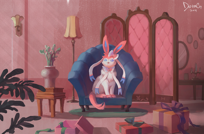 box candle candy_stick chair commentary_request floor_lamp frogjem furniture gen_6_pokemon gift gift_box green_ribbon indoors lamp lampshade leaf looking_up mirror no_humans open_box open_mouth paws pokemon pokemon_(creature) purple_ribbon ribbon signature sitting smile solo sylveon table toes white_fur