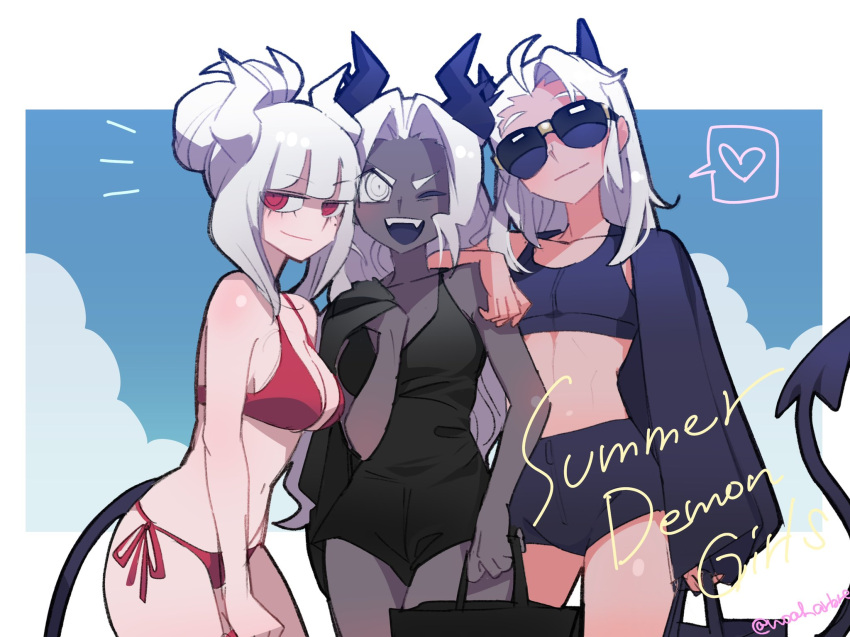 3girls :d alternate_hairstyle artist_name bag bangs bare_arms bare_shoulders bikini black_swimsuit blunt_bangs border breasts cleavage cloud collarbone colored_skin commentary cowboy_shot demon_girl demon_horns demon_tail english_commentary english_text grey_eyes grey_skin heart helltaker highres holding holding_bag horns jacket jacket_on_shoulders judgement_(helltaker) justice_(helltaker) long_hair lucifer_(helltaker) medium_breasts mole mole_under_eye multiple_girls navel noaharbre open_mouth red_bikini red_eyes smile spoken_heart sunglasses swimsuit tail twitter_username upper_teeth white_border white_hair