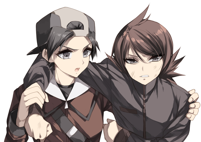 2boys absurdres ahoge angry backwards_hat black_eyes black_hair clenched_teeth comforting commission commissioner_upload ethan_(pokemon) hat high_collar highres injury jacket male_focus medium_hair misteor multiple_boys open_mouth pokemon pokemon_(game) pokemon_hgss red_hair sharp_teeth short_hair silver_(pokemon) simple_background skeb_commission teeth white_background wince