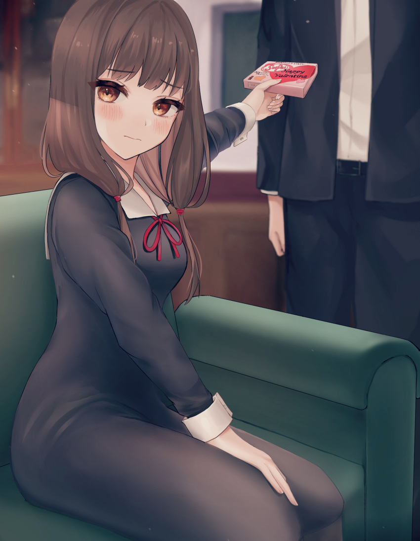 1boy 1girl bangs black_dress blurry blurry_background blush breasts brown_eyes brown_hair closed_mouth commentary_request couch dress eyebrows_visible_through_hair gift happy_valentine highres holding iino_miko indoors ishigami_yuu kaguya-sama_wa_kokurasetai_~tensai-tachi_no_renai_zunousen~ long_hair long_sleeves looking_at_viewer low_twintails pantyhose ponzu_(udon) red_ribbon ribbon sitting twintails