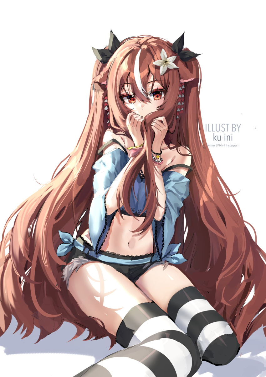 1girl animal_ears bare_shoulders black_shorts blue_shirt brown_hair covering_mouth crop_top cutoffs flower hair_flower hair_ornament hair_ribbon highres indie_virtual_youtuber kanzashi ku-ini lilya_kyomi_(fiwivt) long_hair looking_at_viewer micro_shorts midriff multicolored_hair navel off-shoulder_shirt off_shoulder ribbon shirt shorts sidelocks simple_background sitting solo stomach strap_slip streaked_hair striped striped_legwear thighhighs thighs very_long_hair virtual_youtuber white_background wide_sleeves