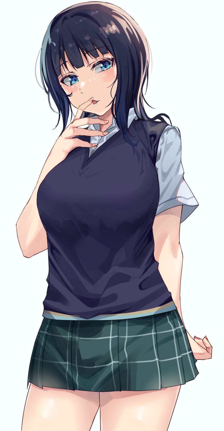 1girl absurdres arm_behind_back asaka_karin bangs black_hair blue_eyes blue_vest blush breasts commentary_request cowboy_shot eyebrows_visible_through_hair finger_licking finger_to_tongue green_skirt hand_to_own_mouth head_tilt highres large_breasts licking looking_to_the_side love_live! love_live!_nijigasaki_high_school_idol_club medium_hair miniskirt no_neckwear partially_unbuttoned shirt short_sleeves sidelocks simple_background skirt solo standing thighs tongue tongue_out vest white_background white_shirt yamasonson