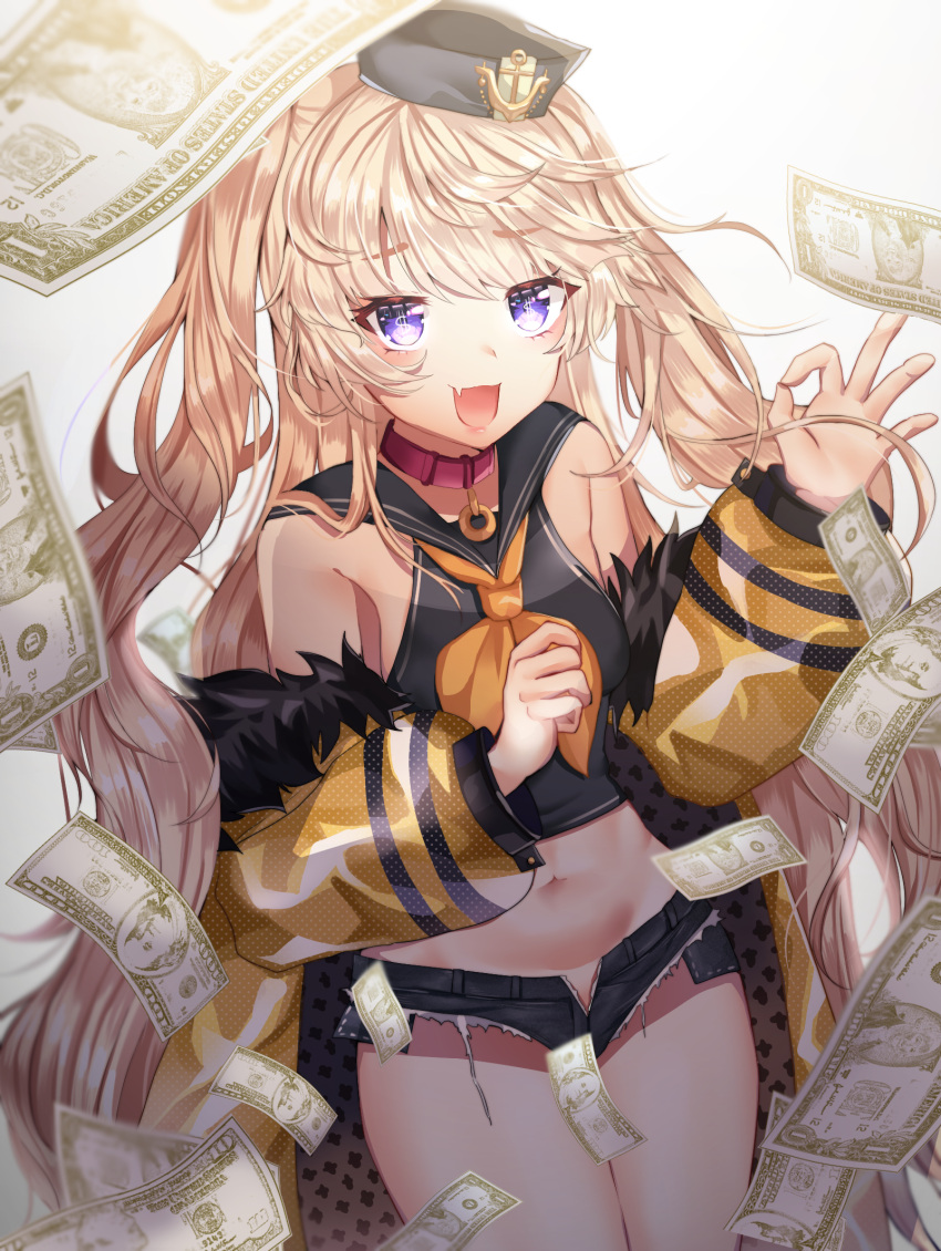 1girl :d anchor_symbol armpit_crease azur_lane bache_(azur_lane) bangs bare_shoulders black_headwear black_sailor_collar black_shirt blonde_hair breasts collar commentary cowboy_shot cutoffs dollar_bill exposed_pocket eyebrows_visible_through_hair falling_money fang fur-trimmed_jacket fur_trim hands_up hat highres hunbutu jacket long_hair long_sleeves looking_at_viewer micro_shorts midriff money money-shaped_pupils navel neckerchief off_shoulder ok_sign open_clothes open_mouth open_shorts pink_collar purple_eyes sailor_collar sailor_hat shirt shorts sidelocks simple_background small_breasts smile solo standing swept_bangs symbol-shaped_pupils two_side_up white_background yellow_jacket yellow_neckwear