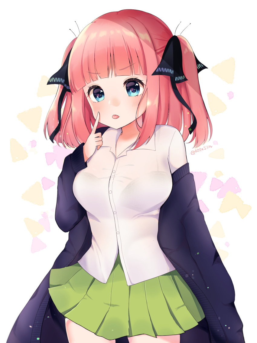 1girl bangs black_bra black_cardigan black_ribbon blue_eyes blunt_bangs blush bra bra_visible_through_clothes breasts butterfly_hair_ornament cardigan finger_to_cheek frown go-toubun_no_hanayome green_skirt hair_ornament highres large_breasts ligh_xi looking_at_viewer nakano_nino open_cardigan open_clothes pink_hair ribbon see-through shirt simple_background skirt sleeves_past_wrists thick_thighs thighs tongue tongue_out twintails underwear v-shaped_eyebrows white_shirt