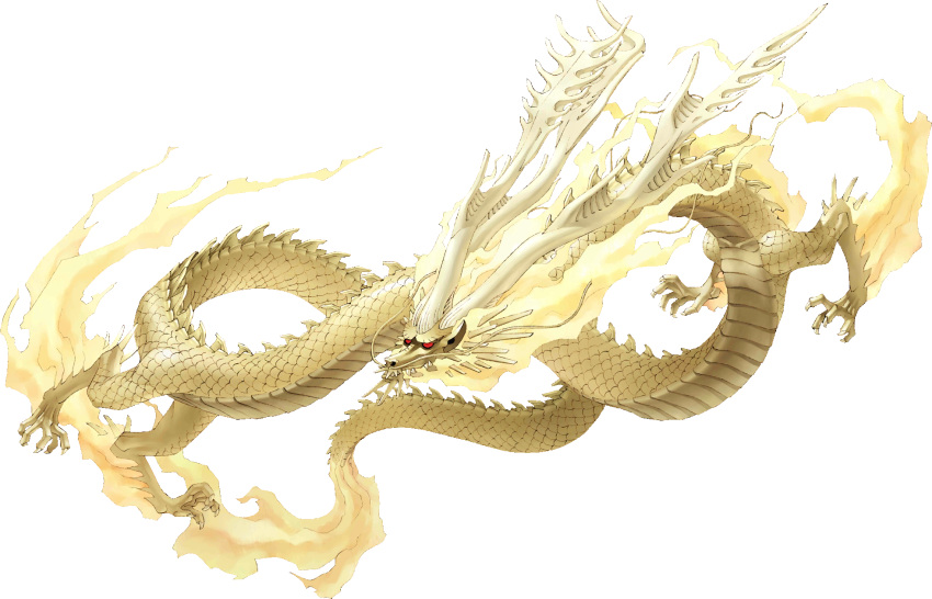 claws dragon eastern_dragon full_body gold highres horns kazuma_kaneko kohryu official_art red_eyes scales shin_megami_tensei solid_eyes solo teeth third-party_source transparent_background whiskers