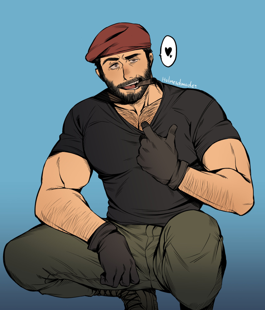 1boy absurdres arm_hair bara beard black_shirt chest_hair cigar clothes_pull facial_hair feet_out_of_frame green_pants hairy hat heart highres holmy_(holmesdmode) large_pectorals looking_at_viewer maestro_(rainbow_six_siege) male_cleavage male_focus mature_male military_hat muscular muscular_male pants pectorals rainbow_six_siege raised_eyebrow shirt shirt_pull short_hair smoking solo spoken_heart squatting tight tight_shirt