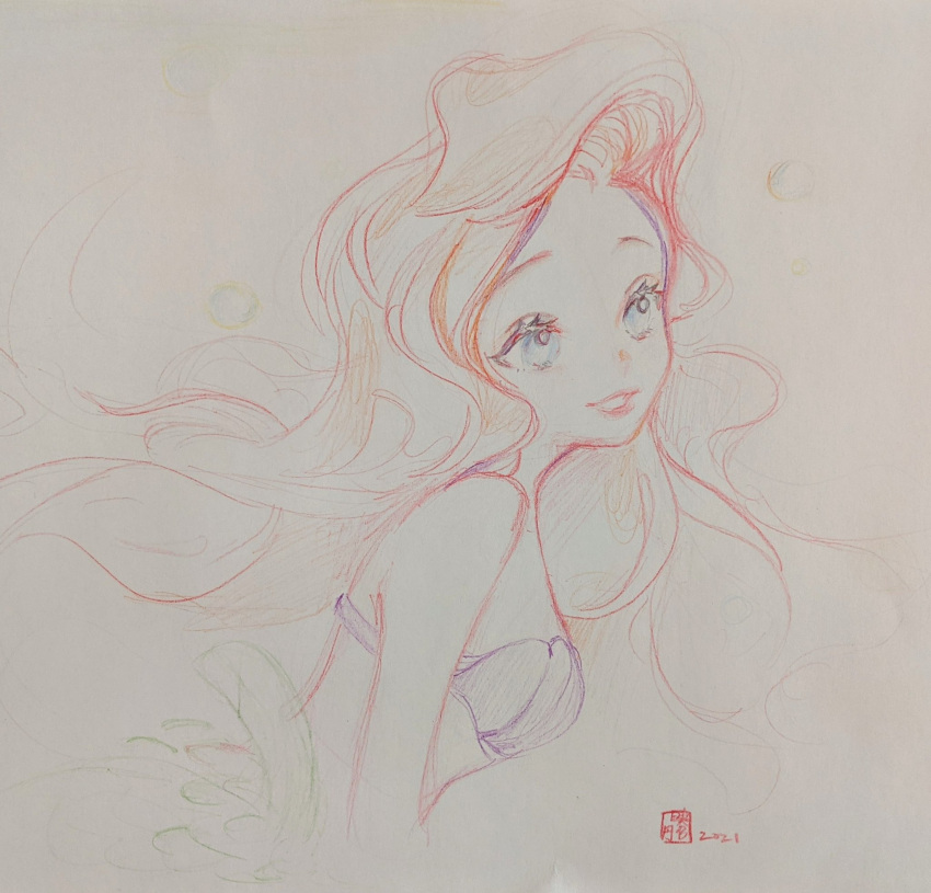1girl 2021 ariel_(disney) blue_eyes disney english_commentary floating_hair forehead highres leaning_forward long_hair mini_wings parted_lips red_hair shell shell_bikini smile solo the_little_mermaid traditional_media white_background xiaociiao