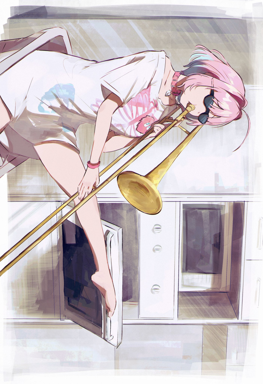 1girl ahoge barefoot blue_hair choker hamachamu heart-shaped_lock highres idolmaster idolmaster_cinderella_girls indoors instrument kitchen laundry_basket meme microwave multicolored_hair music no_pants oven oversized_clothes pink_hair playing_instrument shirt short_hair sideways sitting skeleton_print solo sunglasses t-shirt trombone two-tone_hair when_mama_isn't_home yumemi_riamu