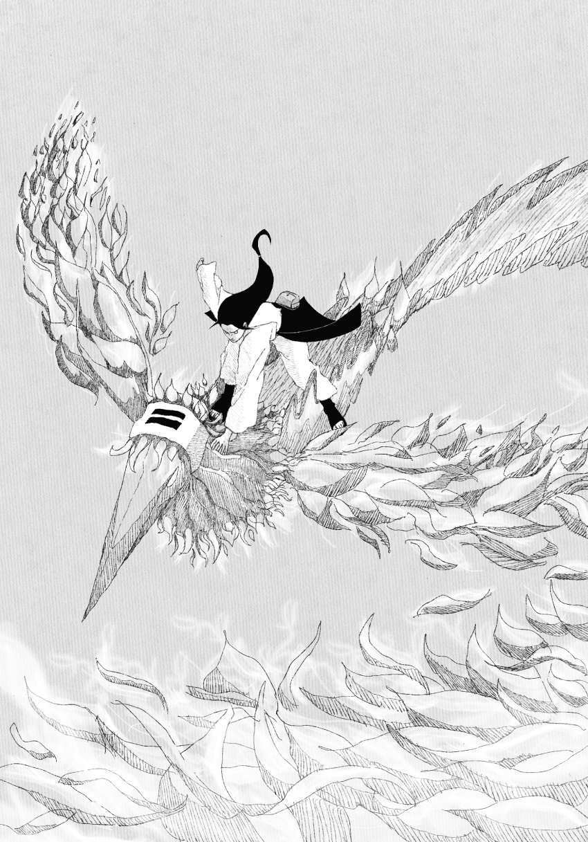 1boy bird fevershark fire greyscale highres hyuuga_neji long_hair monochrome naruto naruto_(series) phoenix pouch riding riding_bird simple_background solo