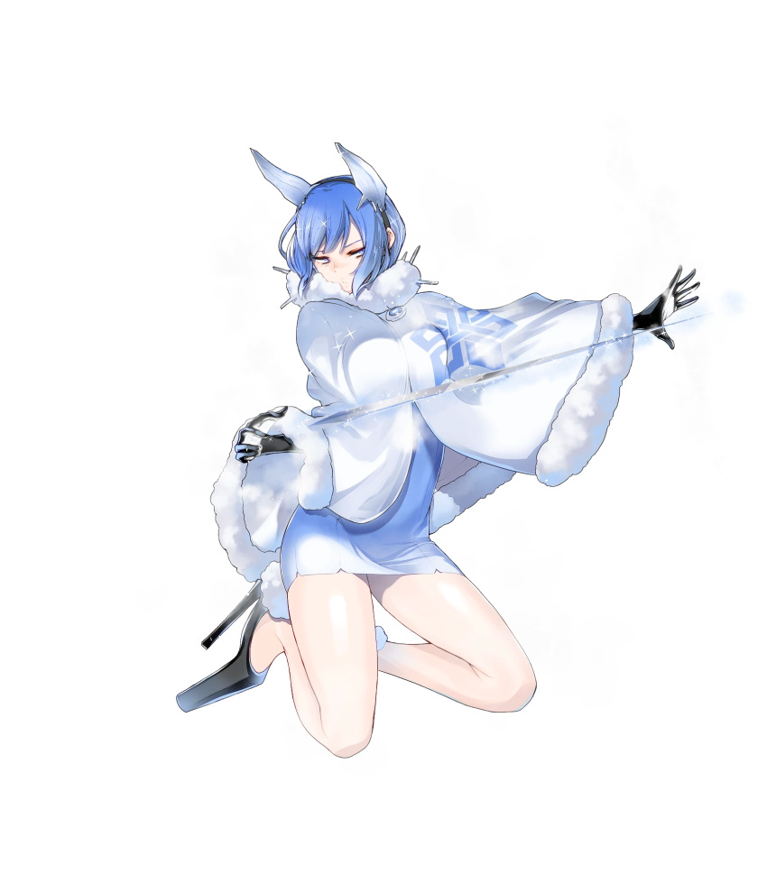 1girl bangs black_gloves blue_eyes blue_hair breasts cape capelet closed_mouth dress fire_emblem fire_emblem_heroes full_body fur_trim gloves gradient gradient_hair hair_ornament high_heels highres ice kneeling looking_away multicolored_hair nifl_(fire_emblem) official_art pale_skin shiny shiny_hair shiny_skin short_dress short_hair solo sparkle transparent_background white_cape white_hair yasuda_suzuhito