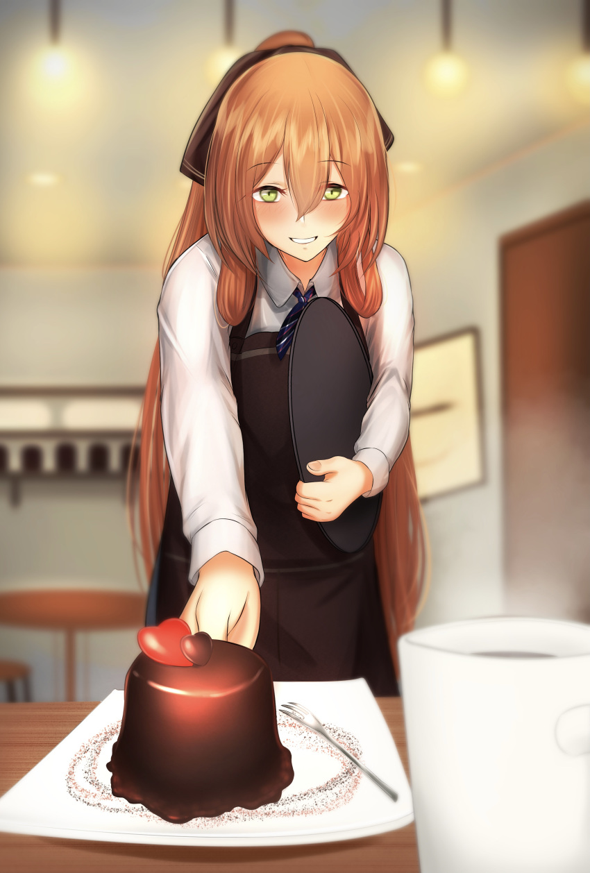 1girl absurdres apron blush bow coffee_mug commentary_request cup dessert diagonal_stripes eyebrows_visible_through_hair food fork girls'_frontline green_eyes guchagucha hair_between_eyes hair_bow heart highres horie_yui looking_at_viewer mug necktie orange_hair partial_commentary smile solo springfield_(girls'_frontline) steam striped tray yellow_background