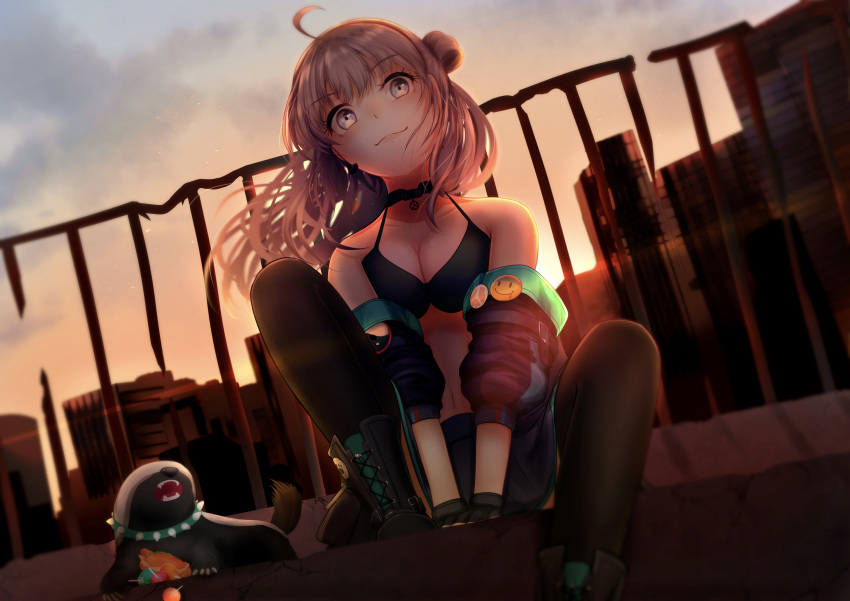 1girl absurdres ahoge backlighting bikini bikini_top black_legwear blonde_hair boots breasts choker cleavage collar girls'_frontline guchagucha highres honey_badger honey_badger_(girls'_frontline) long_hair looking_at_viewer navel peace_symbol side_bun small_breasts smile solo spiked_collar spikes swimsuit thighhighs v_arms