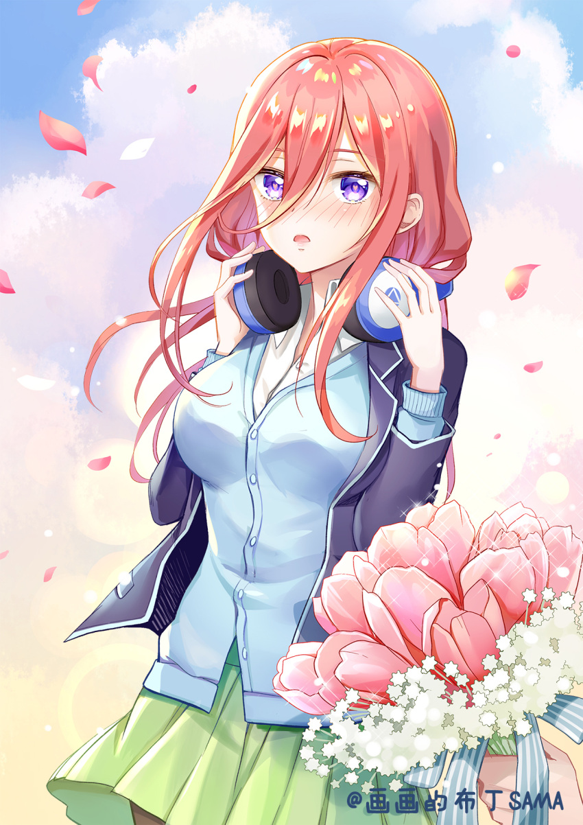 1girl blush breasts commentary_request d: flower go-toubun_no_hanayome green_skirt hands_on_headphones headphones headphones_around_neck highres laaaaaaaa long_hair medium_breasts nakano_miku open_mouth pink_flower pink_hair signature skirt