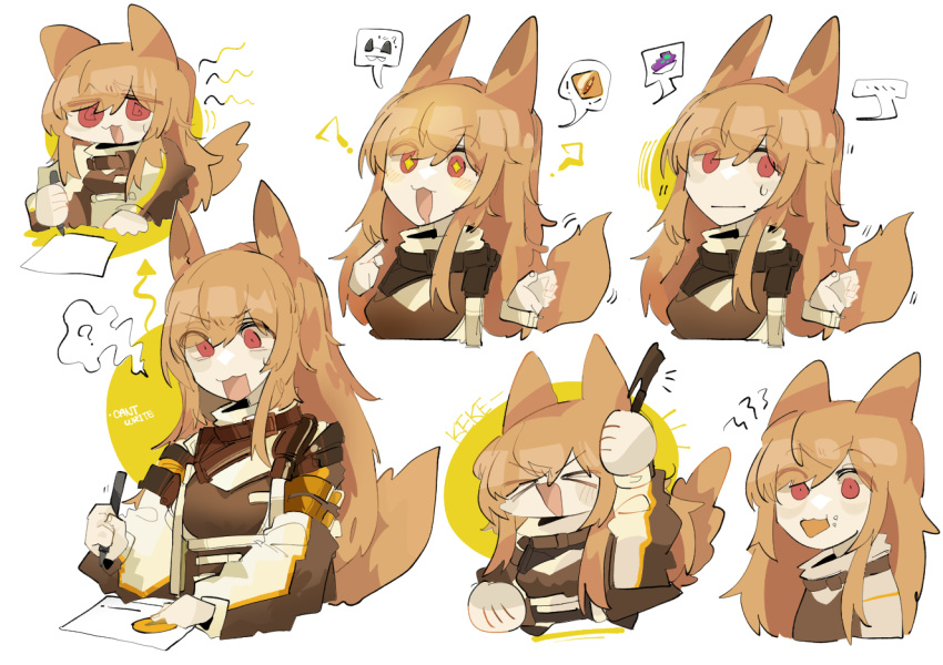 &gt;_&lt; ... 1girl :| ? @_@ animal_ears arknights brown_jacket ceobe_(arknights) closed_mouth commentary dog_ears dog_tail drooling eating english_text eyebrows_visible_through_hair eyes_visible_through_hair hand_up hands_up holding holding_pen jacket long_sleeves looking_at_viewer multiple_views odmised open_mouth orange_hair paper pen pointing pointing_at_self red_eyes simple_background sparkling_eyes speech_bubble spoken_clothes spoken_food spoken_question_mark sweatdrop tail white_background writing