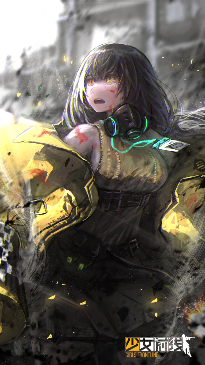 1girl absurdres bangs black_hair blood blood_on_face blood_stain bloody_clothes blurry blurry_background breasts chinese_commentary commentary copyright_name crying crying_with_eyes_open fish_g gas_mask girls'_frontline heterochromia highres jacket large_breasts long_hair looking_up mod3_(girls'_frontline) multicolored_hair name_tag open_mouth red_eyes ro635_(girls'_frontline) shirt sleeveless sleeveless_shirt sleeveless_sweater solo standing streaked_hair tears two-tone_hair white_hair yellow_eyes yellow_jacket