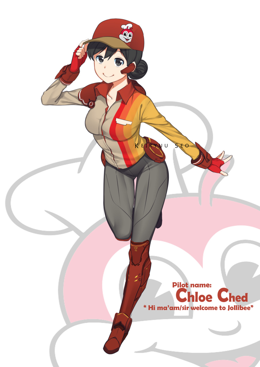 1girl absurdres artist_name baseball_cap black_eyes black_pants boots breasts earpiece fingerless_gloves gloves grey_pants grey_shirt hair_bun hat highres jollibee jollibee_(mascot) multicolored multicolored_clothes original paavuchi pants shirt smile tight tight_pants uniform waitress white_background